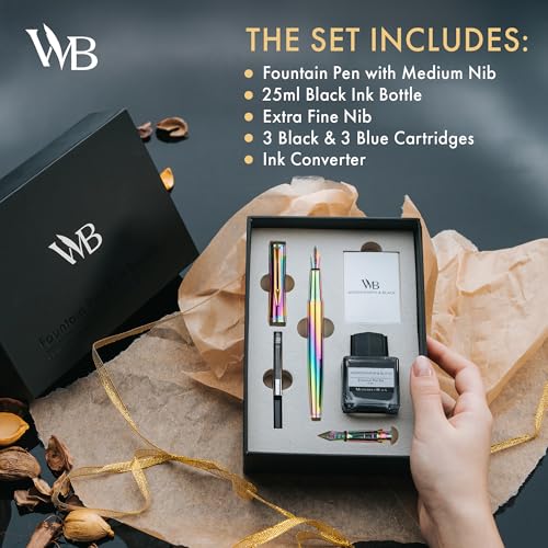 Wordsworth & Black Fountain Pen Set, 18K Gilded Medium and Extra Fine Nib, 25ML Black Ink Bottle, 6 Ink Cartridges,Refill Converter, Gift Box,Smooth Writing Pens [Rainbow],Gift Set for Men and Women - color: Rainbow