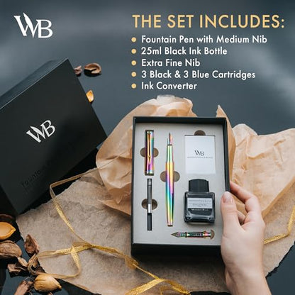 Wordsworth & Black Fountain Pen Set, 18K Gilded Medium and Extra Fine Nib, 25ML Black Ink Bottle, 6 Ink Cartridges,Refill Converter, Gift Box,Smooth Writing Pens [Rainbow],Gift Set for Men and Women - color: Rainbow