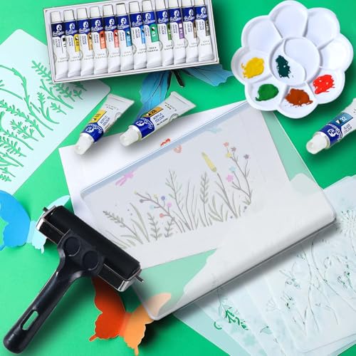 Reusable Gel Printing Plate Kit- 8" X 10" Gel Plate with Acrylic Paint, Printing Paper, Stencil, Storage Box, Rubber Roller, Baren, Easy Clean Plate,DIY Printmaking for Art Card Making, Scrapbooking