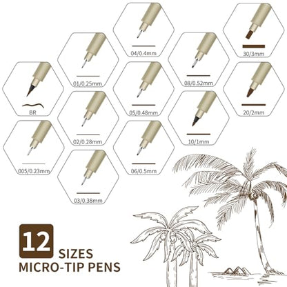 Brown Micro Pens, 12 Sizes in 0.23mm - 5mm, Waterproof Archival Ink, Fine Point Pen for Artist Illustration, Sketching, Anime, Manga and Technical Drawing - color: 12 Pack (Brown & 12 Size)