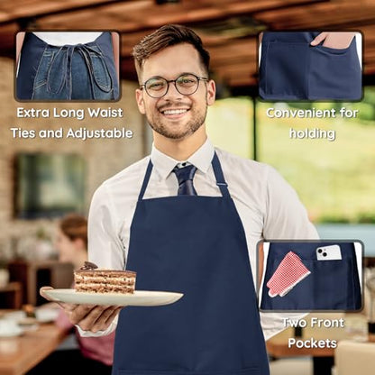 4 Pack Chef Apron, Waterproof Apron, Adjustable Apron with 2 Pockets for Men Women, Apron for Cooking Baking Restaurant (Polyester Blend, Navy Blue) - color: Navy Blue