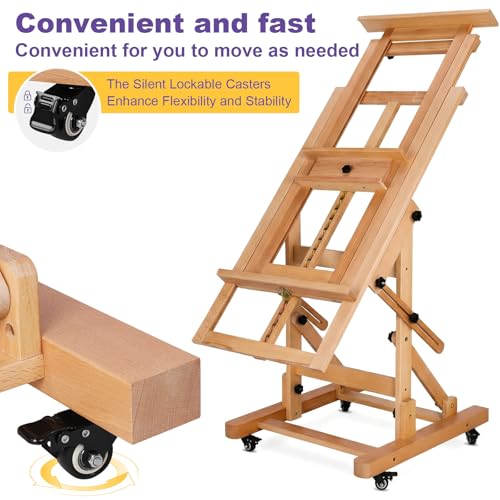 Generic Wooden H-Frame Convertible Easel with 4 Lockable Wheels Adjustable Movable Tilting Easels Holds Canvas Art Up to 78.7In High for/Home/Studio/Outdoor