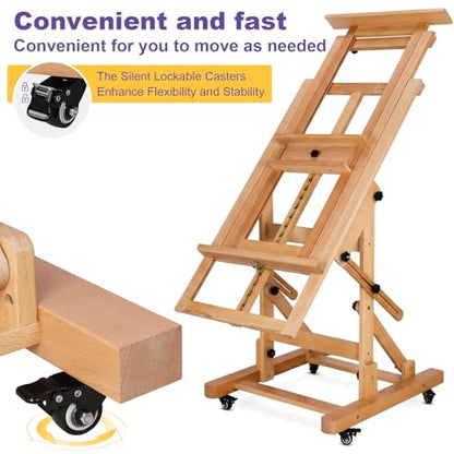 Wooden H-Frame Convertible Easel with 4 Lockable Wheels Adjustable Movable Tilting Easels Holds Canvas Art Up to 78.7In High for/Home/Studio/Outdoor