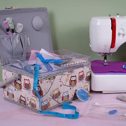 Hobby Gift Medium Sewing Box Organiser, Fabric Covered Storage Box with Handle, Internal Tray, Pin Cushion and Pocket for Sewing, Quilting and Knitting Supplies - color: Hoot