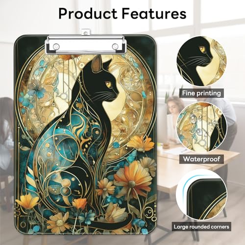 Plastic Cute Clipboard Low-Profile Metal Clip, A4 Letter Size 9 x 12.5 in, 8.5 x 11 Paper Clip Board for Teachers, Nurses, Classroom,Flowered Glass Cat - color: Flowered Glass Cat
