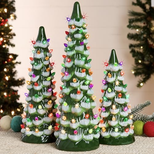 Best Choice Products Set of 3 Ceramic Christmas Trees, Pre-Lit Hand-Painted Tabletop Holiday Decoration w/Multicolor Bulbs LED Lights – Frosted Green - color: Frosted Green W/ Multicolor Lights, size: 3pc Set: 8-10-12 Inch
