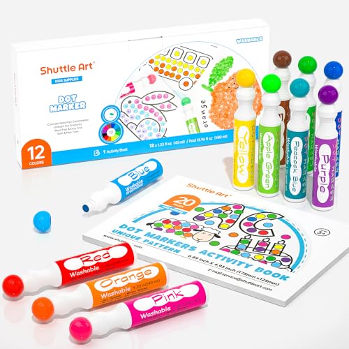 Shuttle Art Dot Makers, 12 Colors Bingo Daubers with 20 Unique Patterns of Dot Book for Toddler Art Activities, Non-Toxic Washable Coloring Markers for Preschool Kids Learning… - color: 12 Colors