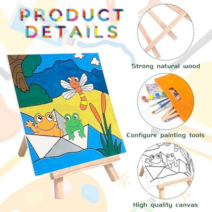 48PCS 12 Sets Printed Canvas Paint Art 12 Pcs Wooden Easel Set Paint Pots and Brushes and 12 Pre Drawn Canvas Panel 12 Pcs Mini Apron and Tote Bag for Kids(Cute) - style: Cute