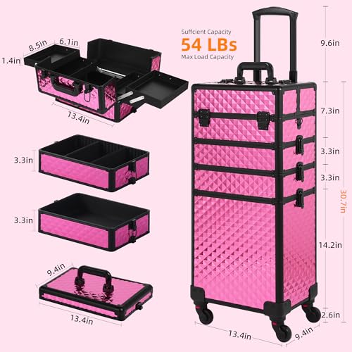 Somduy Rolling Makeup Case, Makeup Train Case with Lid, 5 in 1 Cosmetology Case on Wheels, Christmas Gift, Large Makeup Organizers, Profesional Cosmetic Case for Salon Barber, Rose Red - color: Rose Red