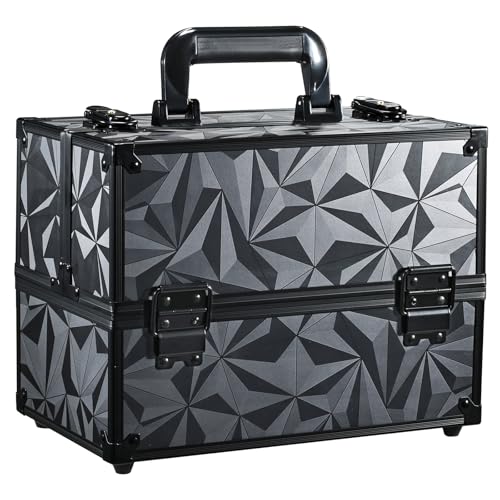 FRENESSA Makeup Train Case Makeup Case 11.8 Inch Large Cosmetic Box Organizer Travel Storage Professional Make Up Train Carrying Case with 6 Trays Locking Hard Vanity Storage Dark Black - color: Dark Black