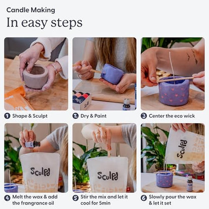 Sculpd Candle Making Pottery Kit for Adults with Air Dry Clay and Acrylic Paint Set, Non-Toxic Eco Soy Wax, Scented Fragrance Oil, Candle Glaze, Tools & Guide, 1 Candle, Peony Rose - color: Peony Rose, size: 1 Candle