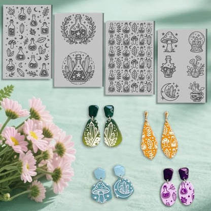 4 Sheets Magic Potions Pattern Clay Texture Mat Mystical Crystals Polymer Clay Texture Sheets DIY Tools for Pottery Earring Jewelry Making Stamp Engraving Machines, 3.9x2.6inch - style: Magic Potions Pattern