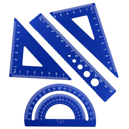4 Pcs Triangular Ruler Set, Aluminum Alloy Geometry Tools, Metal Drafting Ruler for Students, Draftsmen, Engineers, School Office Supplies with Protractor & Metric Scales (Blue) - color: Blue