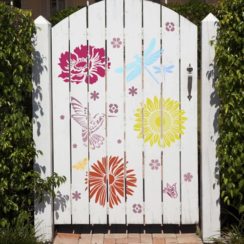 Large Flower Stencils for Walls 11.8inch Hummingbird Dragonfly Stencil Reusable Daisy Sunflower Tree Vine Stencils for Painting on Wood Fence Wall Furniture Fabrics DIY Decor - style: Nature