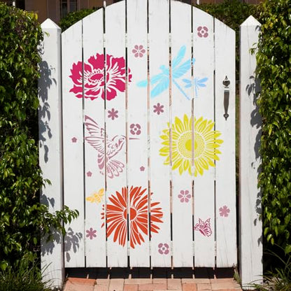 Large Flower Stencils for Walls 11.8inch Hummingbird Dragonfly Stencil Reusable Daisy Sunflower Tree Vine Stencils for Painting on Wood Fence Wall Furniture Fabrics DIY Decor - style: Nature