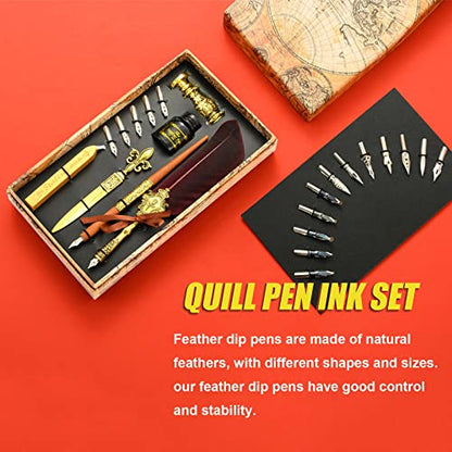 Joyeee Quill and Ink Set with Wax Seal, Golden Wax Stamp for Letter Sealing, Calligraphy Wooden Drawing Pen, 17 Calligraphy Nibs, Metal Letter Opener, Black Ink Bottle and Gift box, Wine Red - color: #113 Wine red