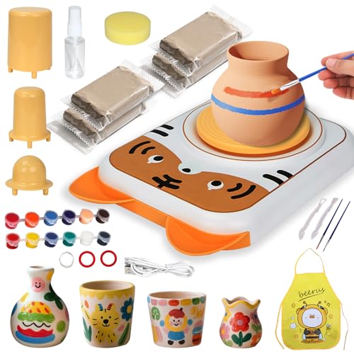 YOOIU Pottery Wheel for Kids, Art Supplies Arts & Crafts Kit, Crafts Toys for Girls 6+, Pottery Studio Craft Kit with 4 Pack Air-Dry Clay,Girls Toys Birthday Gift for Kids Ages 6 7 8 9 10 11 12+ - color: White -Tiger