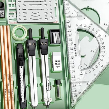Professional Geometry Set(16Pcs) - Geometry Kit For Artists And Students | Geometry Set With Metal Rulers | Triangle Ruler Compass Protractor Set | Architecture Drawing Pencils Drafting Set - color: Green