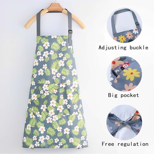 Floral Aprons with Pocket Blooming Women Waterproof Apron Adjustable Neck Long Ties Women Men Cook Baking Garden - color: Green Flowers