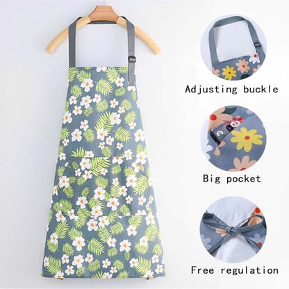 Floral Aprons with Pocket Blooming Women Waterproof Apron Adjustable Neck Long Ties Women Men Cook Baking Garden - color: Green Flowers