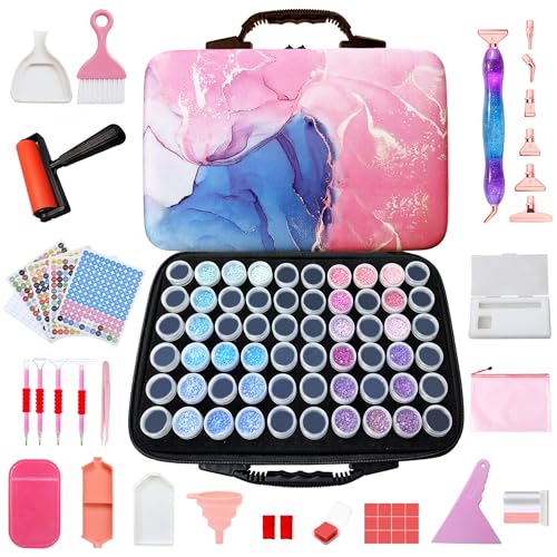 Muzagroo Art Diamond Painting Storage Case, 60 Slots Bead Portable Shockproof Organizer and Accessory Box with 5D Diamond Art Accessories and Tools Kits - color: Pink-Deluxe Set, size: 60 Jars