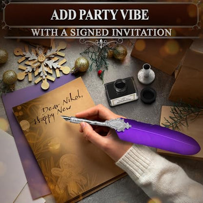 Victorian Writing Quill and Ink Set – Stainless Steel Dip Pen Feather Quill Pen and Ink Set with 5 Nib Refills, Secure Textured Grip, Gift-Ready Box with Display Stand – Calligraphy Gift Set (Purple) - color: Purple