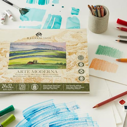 Magnani 1404 Arte Moderna Mixed Media Pad, 140 lb (300gsm), 7x10, 100% Cotton, Extra White, Vegan-Sized Mixed Media Paper for Wet and Dry Art, Absorbent, Acid-Free and UV Resistant - size: 7x10"