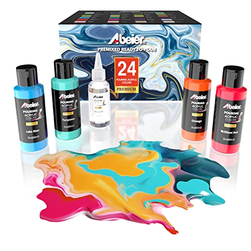 ABEIER Acrylic Pouring Paint, 2oz Bottles, Set of 24 Assorted Colors and Silicone Oil(1oz), Pre-Mixed, High Flow, Paint for Pouring on Canvas, Glass, Paper, Wood, Tile, Stones and More - color: classic colors
