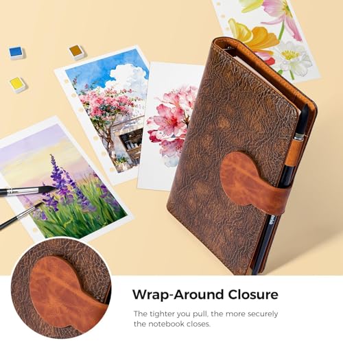 Lightwish Watercolor Sketchbook 100% Cotton, 300gsm (140lb) - 6.69" x 3.94" Hot Press Watercolor Paper Journal Notebook - 20 Sheets with PU Leather Cover for Drawing Mixed Media - color: brown