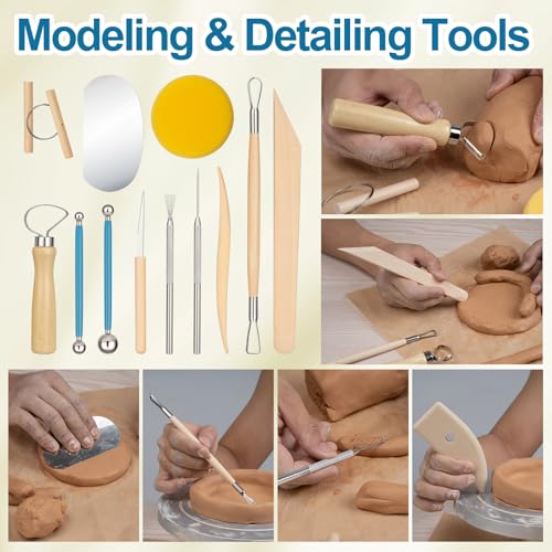 Amrules Clay Tools Kit, 12 PCS Pottery Tools, Practical Polymer Sculpting Tool Kit, Air Dry Clay Tool Set Suitable for Adults, Pottery Craft, Dotting, Drawing, Modeling, Shaping - color: Lightyellow-12Pcs
