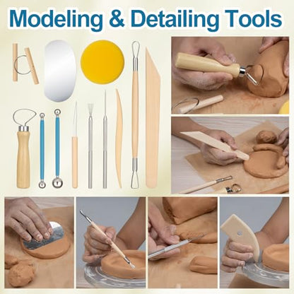 Amrules Clay Tools Kit, 12 PCS Pottery Tools, Practical Polymer Sculpting Tool Kit, Air Dry Clay Tool Set Suitable for Adults, Pottery Craft, Dotting, Drawing, Modeling, Shaping - color: Lightyellow-12Pcs