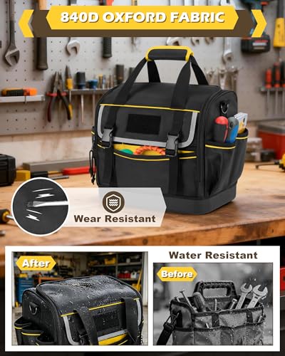 12-Inch Tool Bag with Hard Bottom, Electrician Tool Box Organizer with Detachable Divider, Multi-Purpose Work Tote for Mechanics, Carpenters, Plumbers, Black