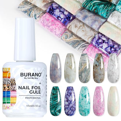 BURANO Nail Art Nail Foil Glue Gel, o.5 oz with 10PCS Foil Stickers Set Nail Foil Glue for Nails Foil Transfer Gel, Nail Design DIY UV LED Lamp Required (Marble Foil 15) - color: Marble Foil 15
