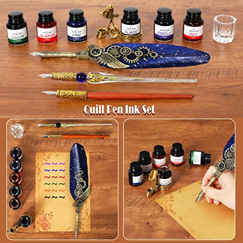 Aifeiter Quill Pen Ink Set-Feather Calligraphy Pen and Set,includes 6 Bottles of,Quill Pen,Glass Dipping Pen,Wooden Dipping Pen,17 nibs,8 Sheets of Writing Paper,Envelope,Spoon-blue - color: Blue