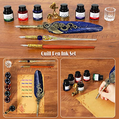 Aifeiter Quill Pen Ink Set-Feather Calligraphy Pen and Set,includes 6 Bottles of,Quill Pen,Glass Dipping Pen,Wooden Dipping Pen,17 nibs,8 Sheets of Writing Paper,Envelope,Spoon-blue - color: Blue
