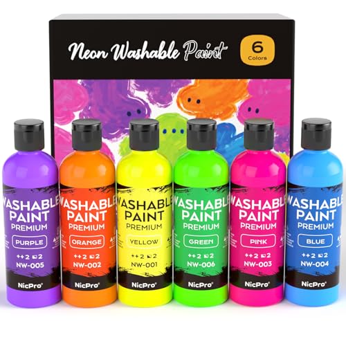 Nicpro 6 Colors Fluorescent Washable Paint Set for Kid (4 oz, 120ml), Glow in the Black Light, Non Toxic Neon Tempera Paints for Art, Craft DIY, Poster & Finger Paint, School, Home, Classroom, Party - size: 4 Fl Oz (Pack of 6)