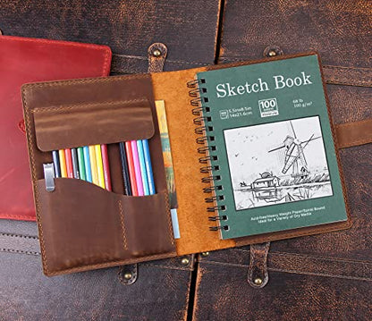 Robrasim Handmade Leather Sketchbook Cover, Leather Artist Sketch Pad Cover for 5.5" x 8.5" Sketchbook, Drawing Book and Pencil Case, Journal Notebook Portfolio, Artis Gifts-Brown - color: Brown