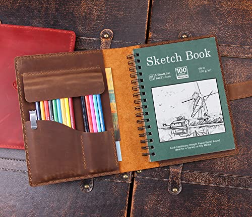 Robrasim Handmade Leather Sketchbook Cover, Leather Artist Sketch Pad Cover for 5.5" x 8.5" Sketchbook, Drawing Book and Pencil Case, Journal Notebook Portfolio, Artis Gifts-Brown - color: Brown