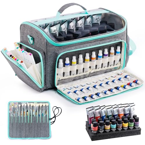 SFYBYHEART Acrylic Paint Organizer Bag with Washable Roll-Up Brush Holder, Large Art Supply Case, Craft Organizer with Foam Inserts for Apple Barrel, Shuttle Art, Caliart Art Supplies Storage Bag - color: Grey - Teal, size: Single Layer