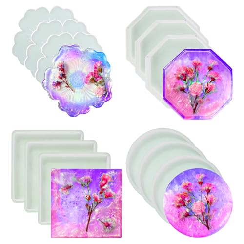 Resin Coaster Molds,Silicone Molds for Resin,12PCS with Round,Square,Octagon, Flower Coaster Molds for Epoxy Resi n,4 Shapes Silicone Molds for DIY Art,DIY Gift for Women - color: 12PCS coaster molds
