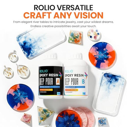Rolio Deep Pour Epoxy Resin 51 Oz Crystal Clear - Easy to Mix Self Leveling Kit 2:1 Ratio Fast Cure Ideal for River Table, Wood, Casting, Preservations, Jewelry, Art Crafts DIY Projects - size: 51 oz