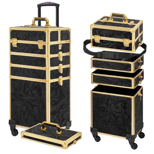 Somduy Rolling Makeup Case, Makeup Train Case with Lid, 5 in 1 Cosmetology Case on Wheels, Christmas Gift, Large Makeup Organizers, Profesional Cosmetic Case for Salon Barber, Pattern Black Gold - color: Black Gold