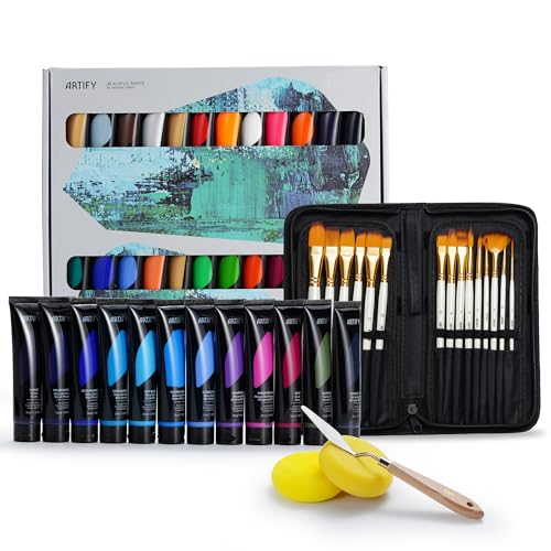 ARTIFY Heavy Body 48 Colors Acrylic Paint Set, 48 Colors with 15 Pieces Synthetic Brushes Set, Includes Bonus Sponge, Palette and Knife for Beginners - color: 48 Colors