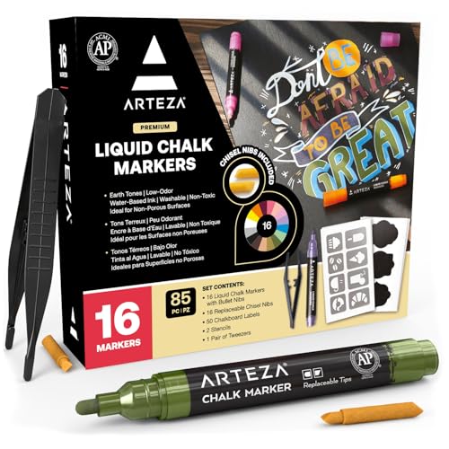 ARTEZA Pastel Liquid Chalk Markers, Set of 16, Tweezers, Labels, Stencils, Erasable, Water Based Pens for Chalkboards, Glass, Windows, and More - color: Pastel