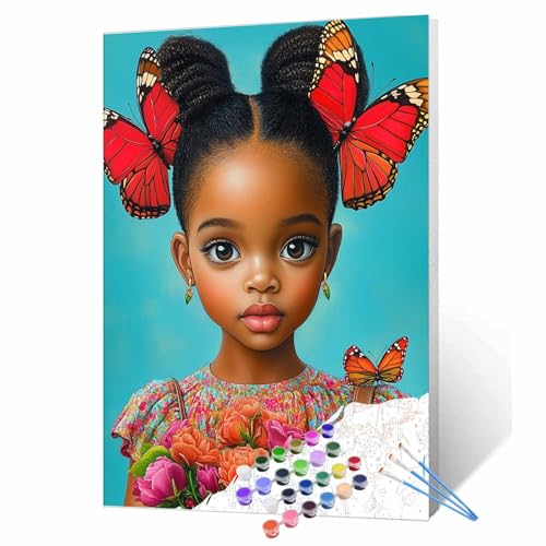 Tucocoo Black Girl Portrait Paint by Numbers for Adults Beautiful Butterfly and Flowers DIY Paint by Number Acrylic Paint Canvas Colorful Painting Kits Art Home Wall Decor 16x20 Inch (DIY Frame) - color: Artwork-15, size: 16''x20''(DIY Frame)