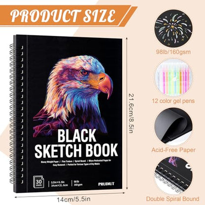 30 Sheets Black Paper Sketchbook with 12 Color Gel Pen Set, 98lb/160gsm Heavyweight Black Sketch Pad 5.5×8.5in, Acid-Free Drawing Paper, Spiral Bound Sketch Book for Kids, Teens, Artist - size: 5.5×8.5in Set