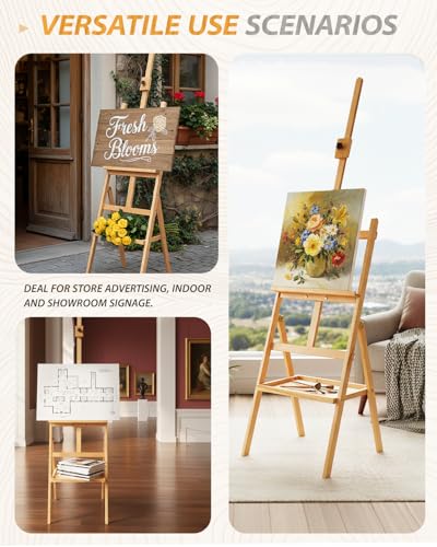 Adjustable Wooden Art Easel Stand for Painting, Solid Beech Wood Easel Stand with Storage Tray,Floor Standing Paint Art Easel,Large Easel Painting for Students Studio - style: Easel