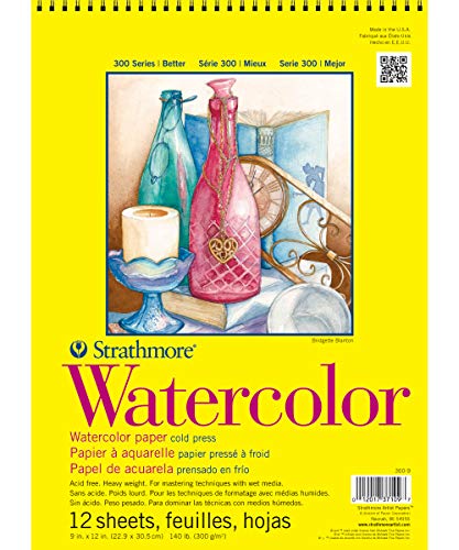 Strathmore 300 Series Watercolor Paper Pad, Top Wire Bound, 9x12 inches, 12 Sheets (140lb/300g) - Artist Paper for Adults and Students - Watercolors, Mixed Media, Markers and Art Journaling - size: 9x12, style: Wire Binding