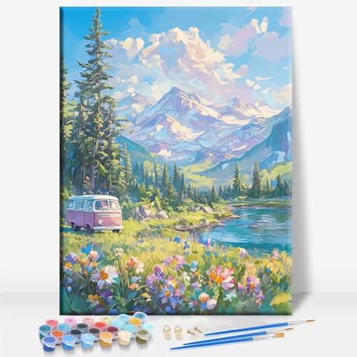 HUINORYA Camper Van Travel Camping Framed Canvas DIY Paint by Numbers Kit Bar Cafe Cave Home Room Wall Bathroom Porch Patio Decor Gift, 16 x 12 Inch - color: CAMPER VAN TRAVEL