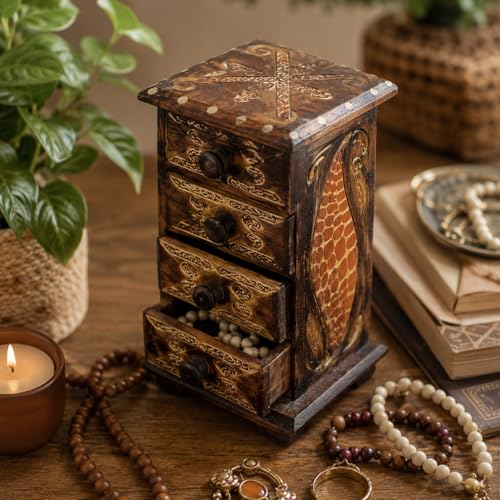 Hand-Carved Wooden Keepsake Box Collection – Decorative Rustic Storage Box, Jewelry Box, Trinket Organizer, Handmade Artisan Wood Home Décor (Drawers) - size: Drawers